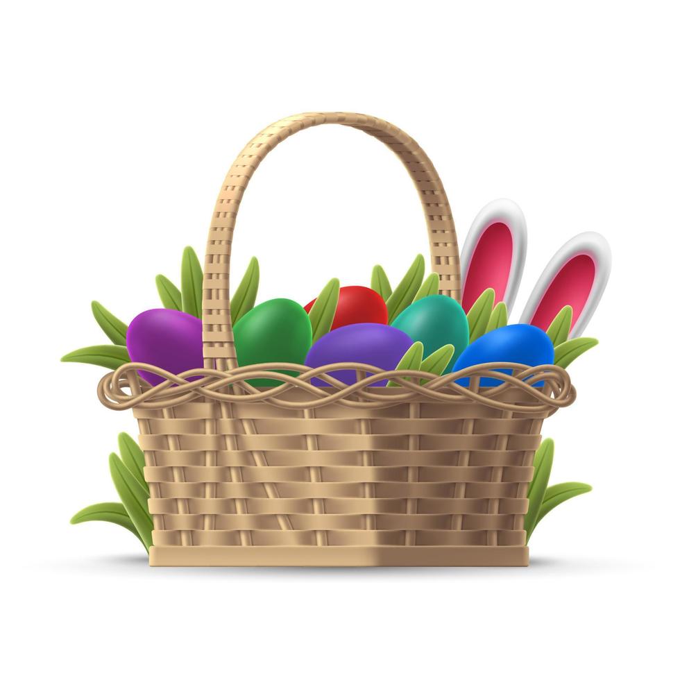 ilustración vectorial de una cesta de mimbre 3d con huevos de pascua pintados y orejas de conejo en la hierba. plantilla realista volumétrica aislada para tarjeta de felicitación, banner. fondo colorido vector