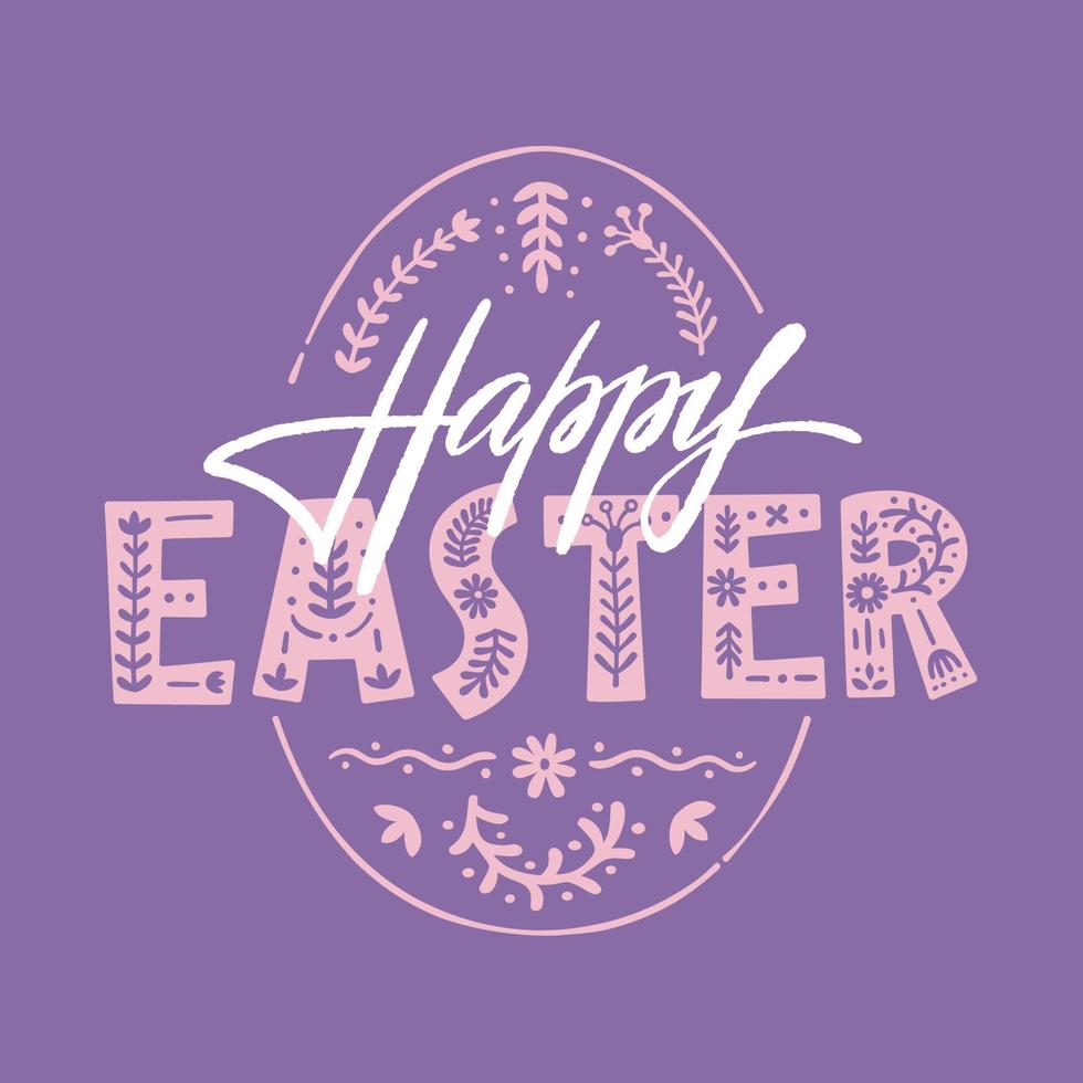 HAPPY EASTER typography on background of an egg with floral patterns in folk style. Vector template with scandinavian lettering and ethnic ornament for stamp, greeting card. Spring Christian holiday.