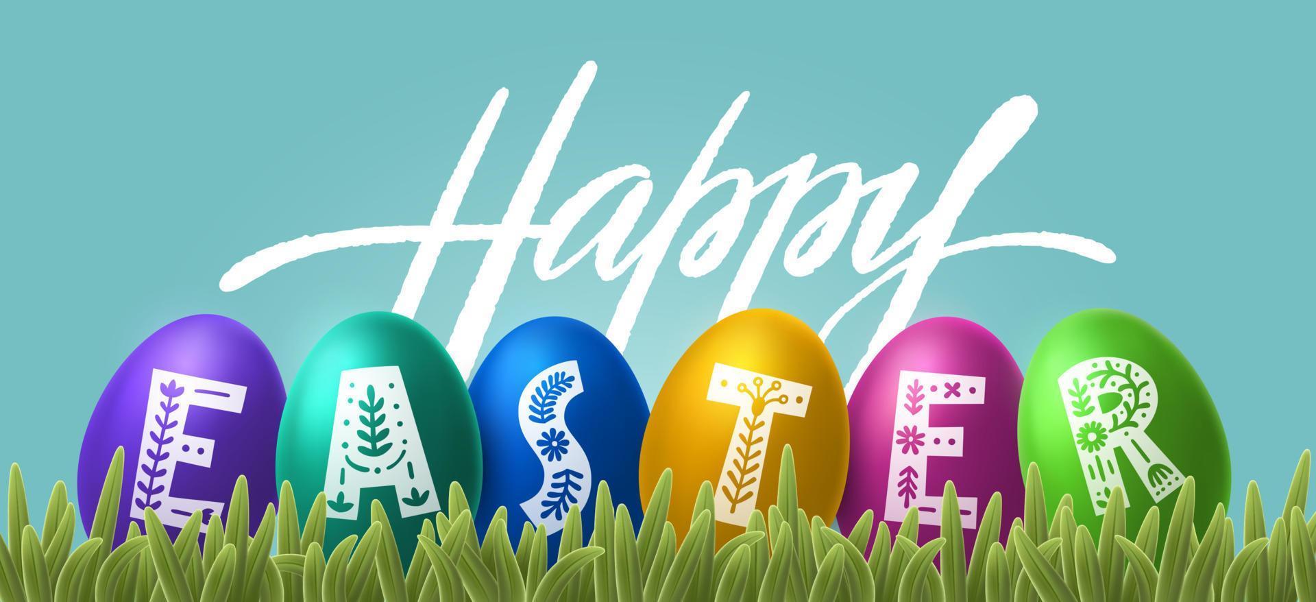 Greeting card with typography HAPPY EASTER. Volumetric 3D realistic painted eggs on grass. Lettering, calligraphy. Colorful vector template for spring christian holiday.