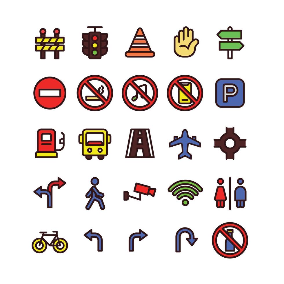 Lineal Fill Road Sign Icon Set vector