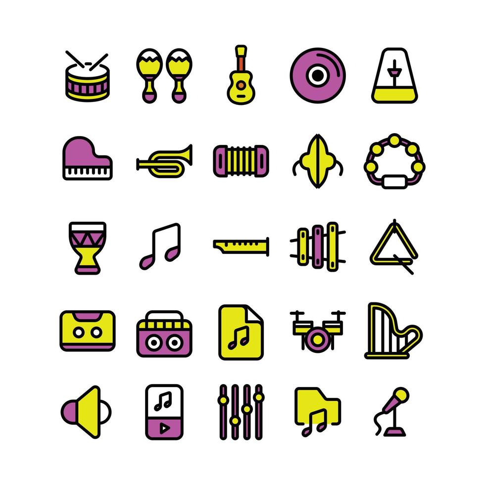 conjunto de iconos de instrumentos musicales de relleno lineal vector