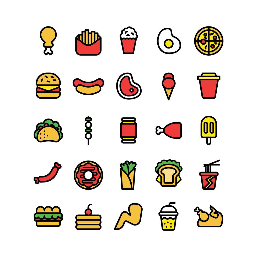 conjunto de iconos de comida rápida de relleno lineal vector