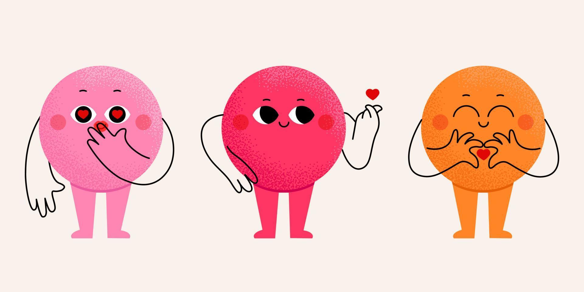 Set of cute funny different bright emoji with face, arms and legs. Different love sign. Vector isolated illustration in hand drawn trendy style