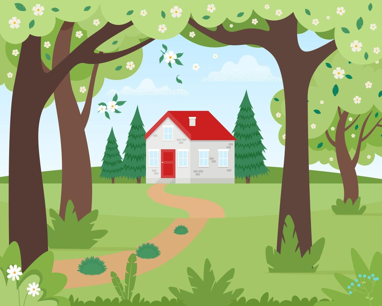 Spring landscape with a house in the woods. Forest in blossom season. Cute vector illustration in flat style