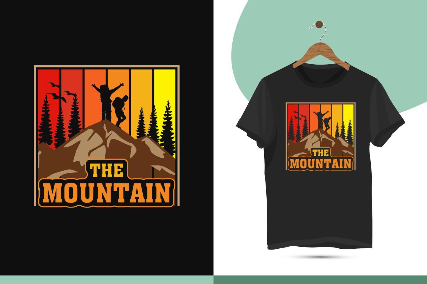 la plantilla de diseño de camisetas de aventura en la montaña. el concepto para los amantes de la montaña. ilustración vectorial con una colina, roca, árbol y excursionista. vector