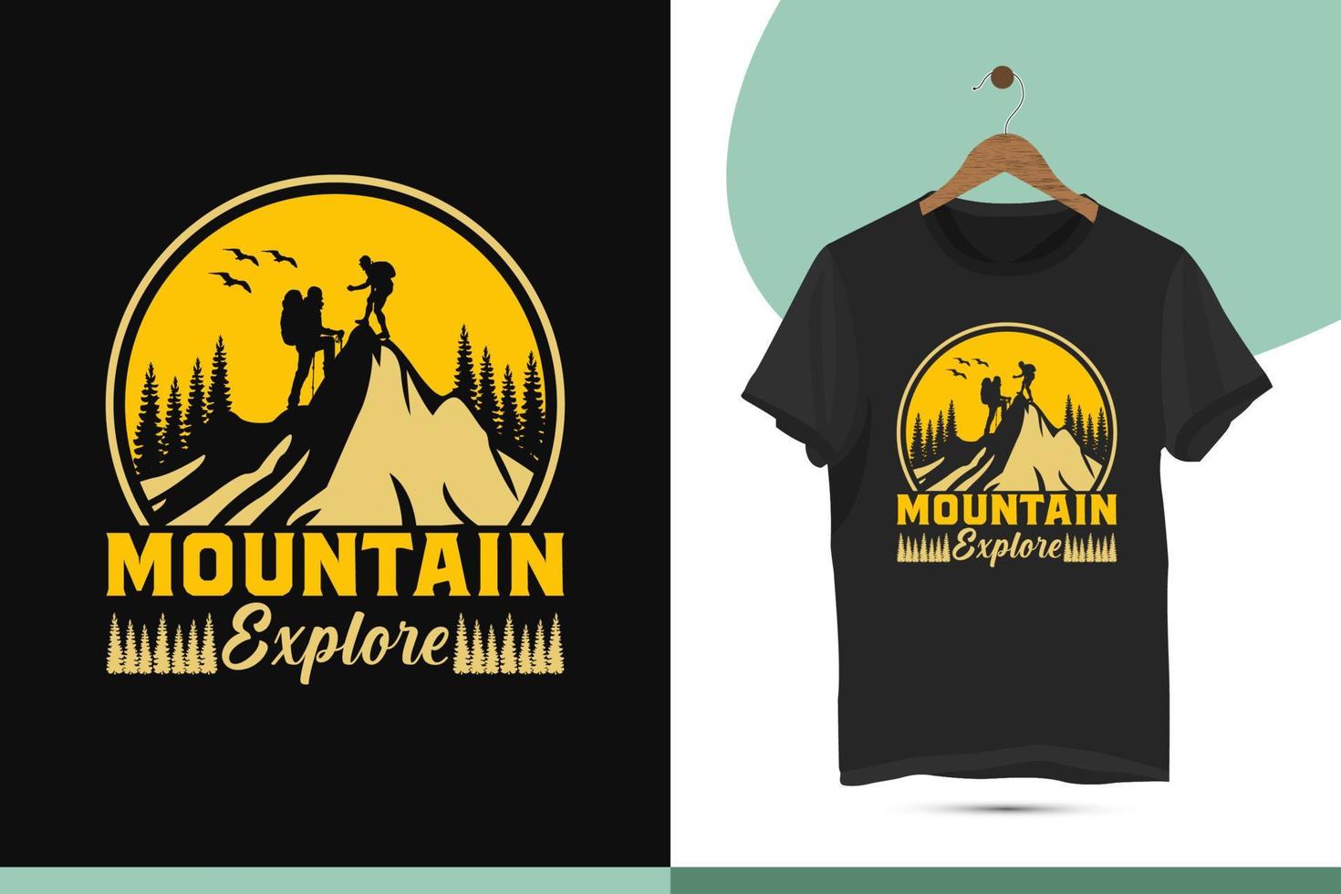 Mountain explore colorful t-shirt design template. Mountain adventure design print for apparel, shirt, clothe, bags, and mugs. Vector illustration with a hill, man, and nature.