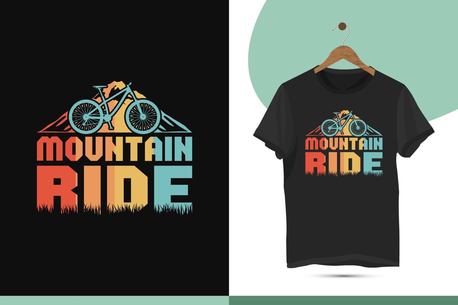 Vintage retro-style unique mountain cycling t-shirt design template. Vector illustration with adventure, bike, ride, and cycle silhouettes. It can be used for shirts, mugs, bags, and pillows.