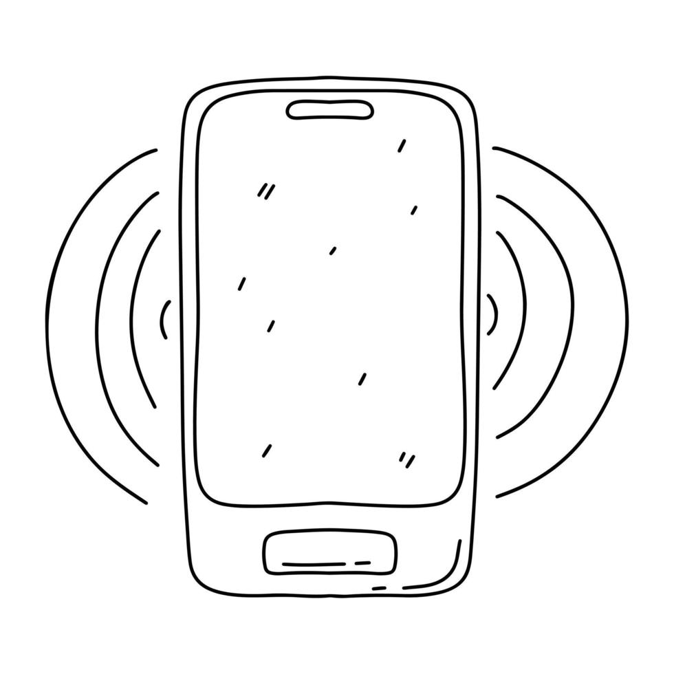 Smart phone in hand drawn doodle style. Vector illustration isolated on white background.