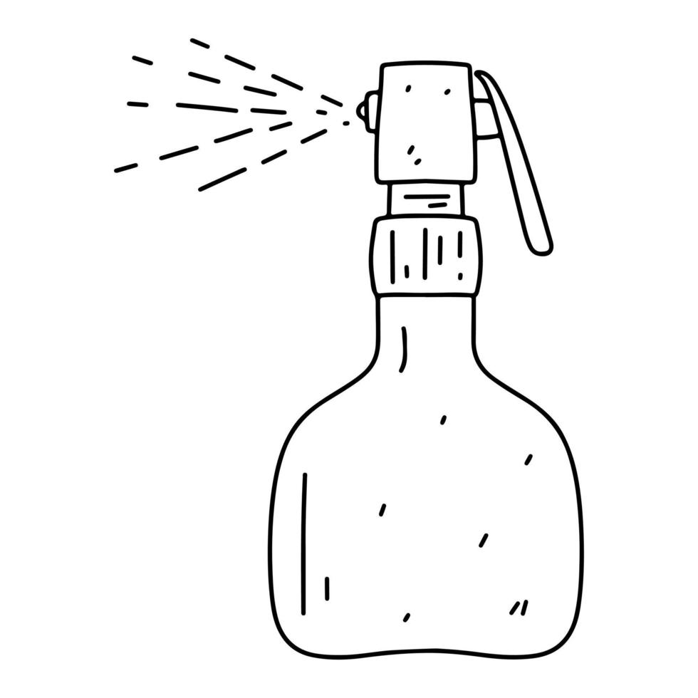 Spray bottle in hand drawn doodle style. Vector illustration isolated on white background.