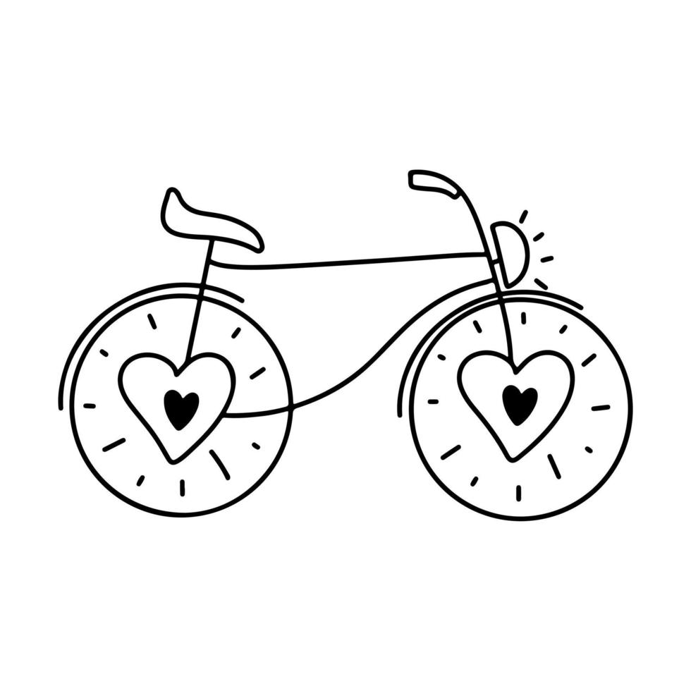 Cute bike with hearts on wheels in hand drawn doodle style. Vector illustration isolated on white background.