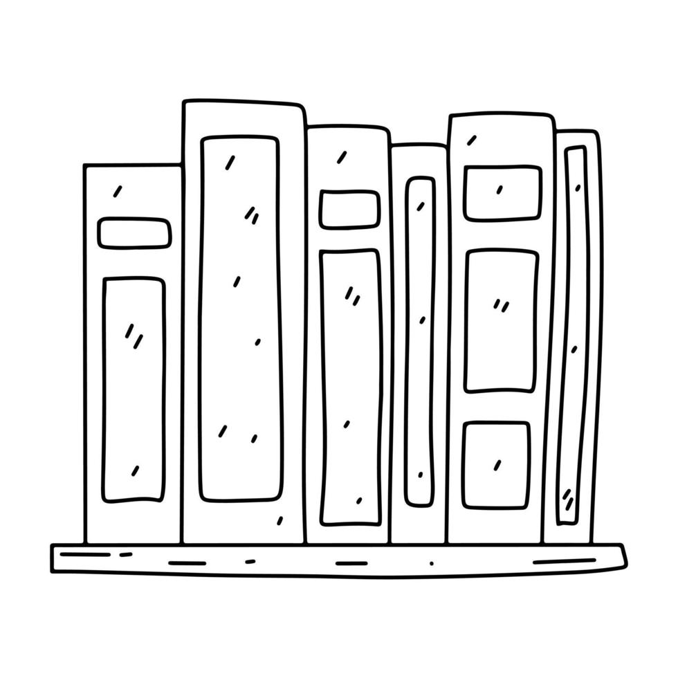Books on the shelf in hand drawn doodle style. Vector illustration isolated on white background.
