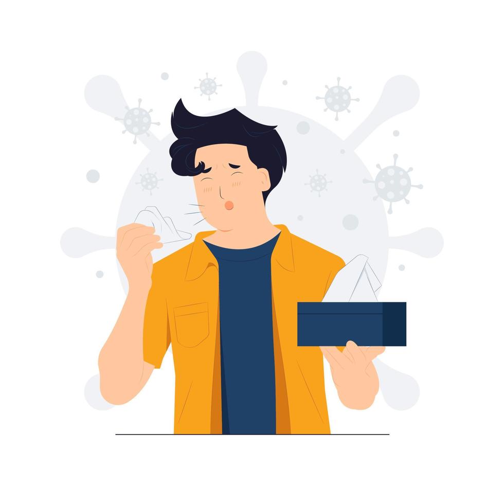 Cough and blowing nose with tissue, having a cold, while lying sick in sofa with virus around concept illustration vector