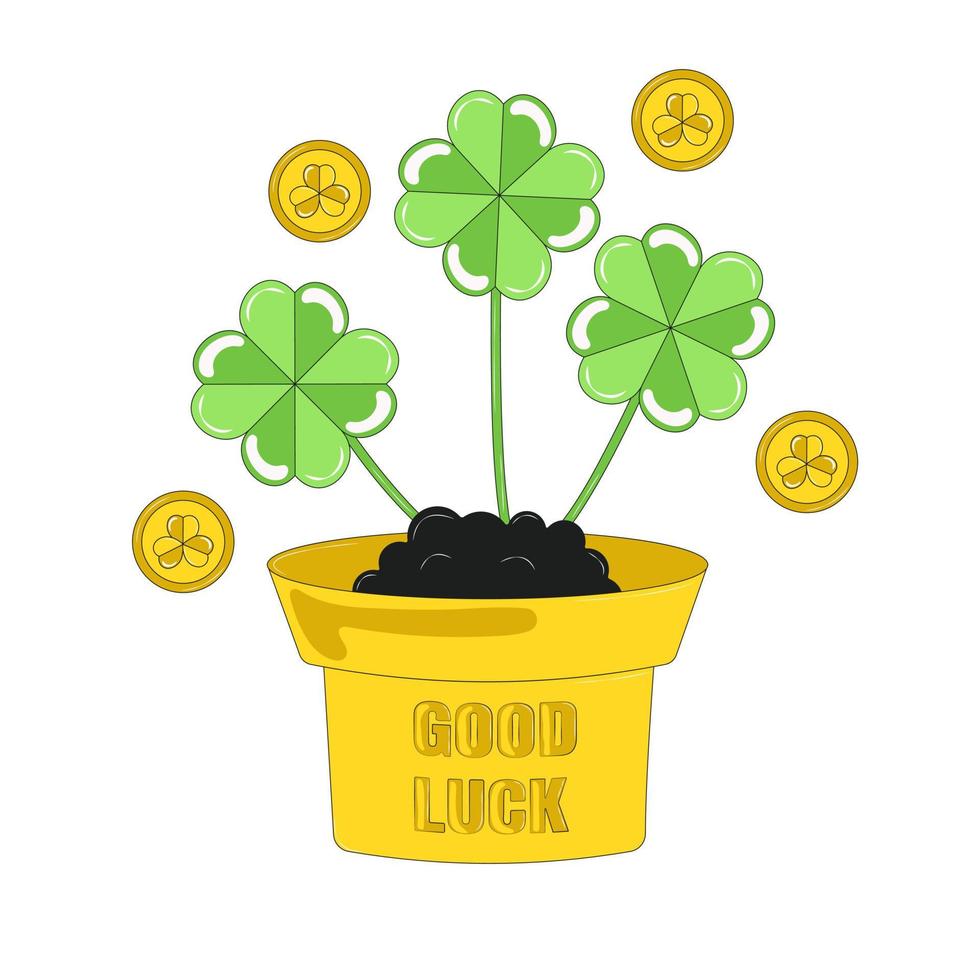 Flower Pot with Clover Plant Coins Around Good Luck wish for St Patricks Day vector