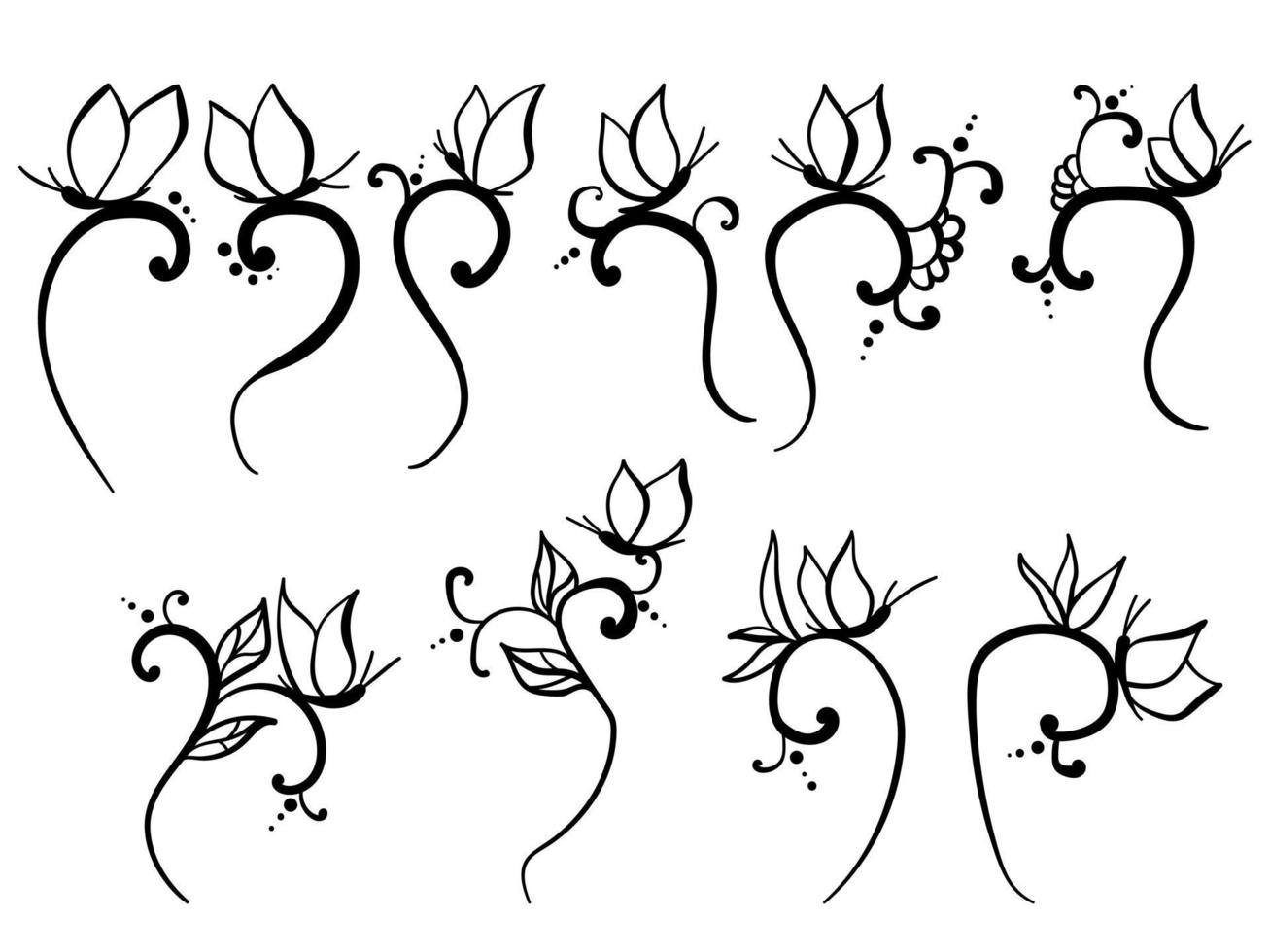 set of curls with butterflies, abstract doodle motifs vector