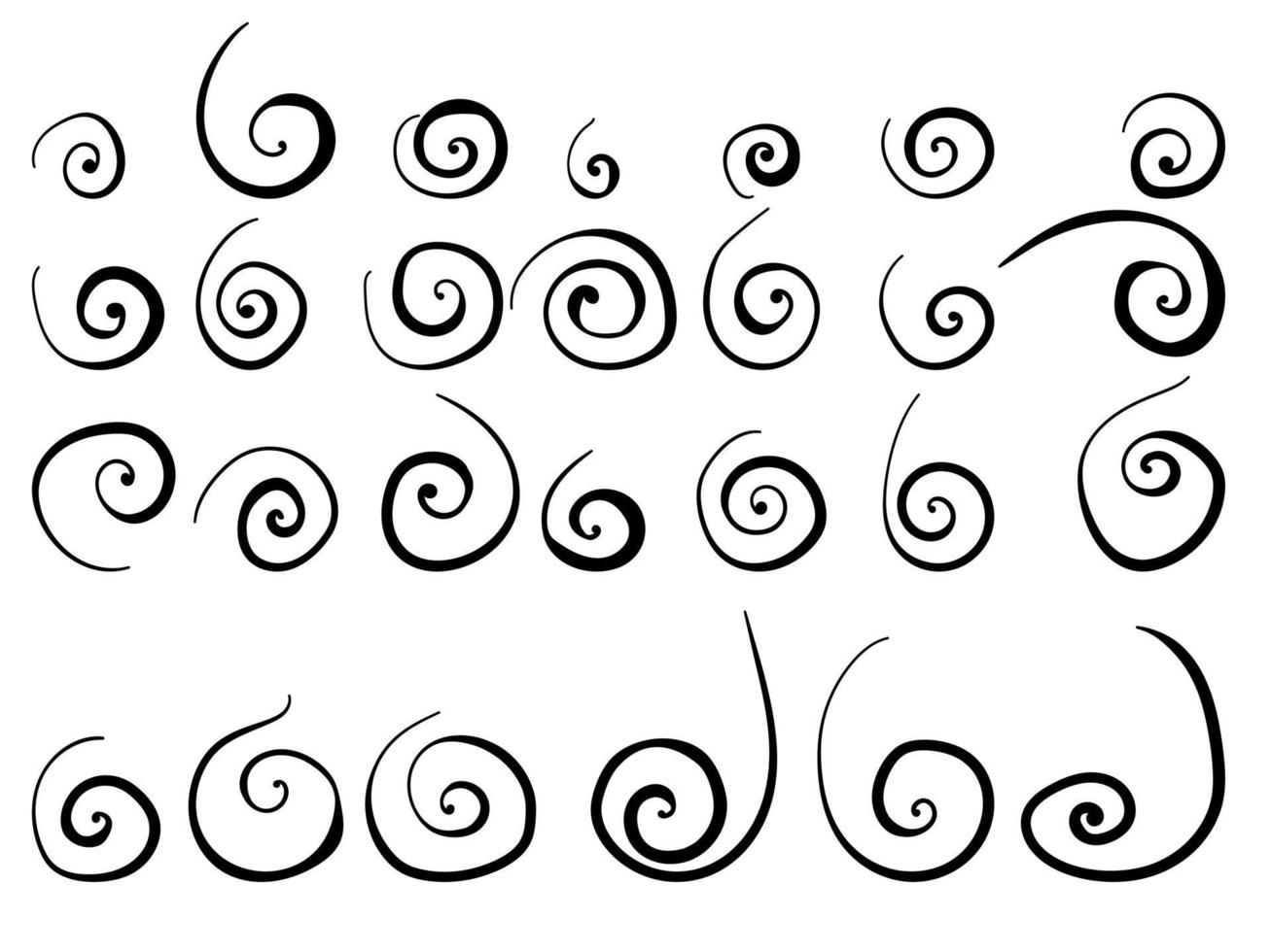 conjunto de elementos de espiral de línea para el diseño, rizos simples con líneas de diferentes grosores vector