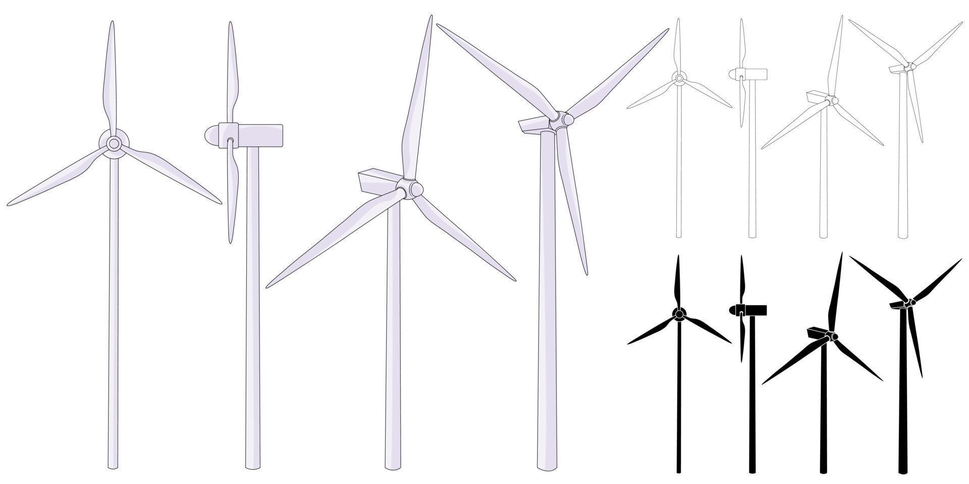 Wind farm. Illustration of a clean wind power plant generator tower. Wind power generation. Outline illustration. Wind turbine icon design collection. vector