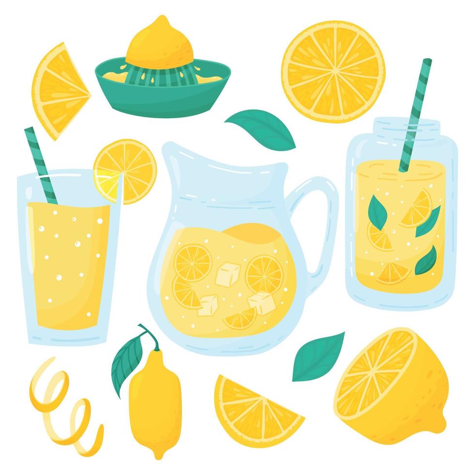 Cartoon lemonade set. Lemonade in jar, mint cocktails, pitcher drinks with straw, lemon slice, juicer vector