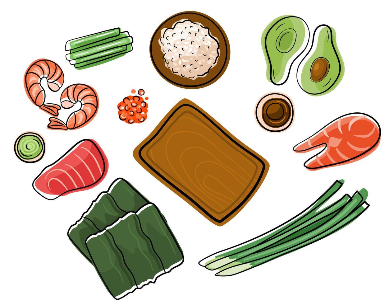 Japanese food elements. Sushi rolls ingredients. Salmon, tuna, shrimps, nori, rice, caviar. vector