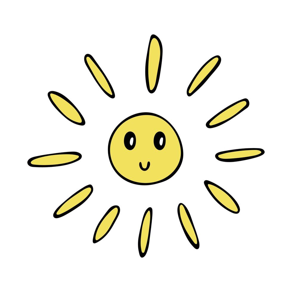 Hand drawn happy sun emoji. Summer doodle. Single vector element for design