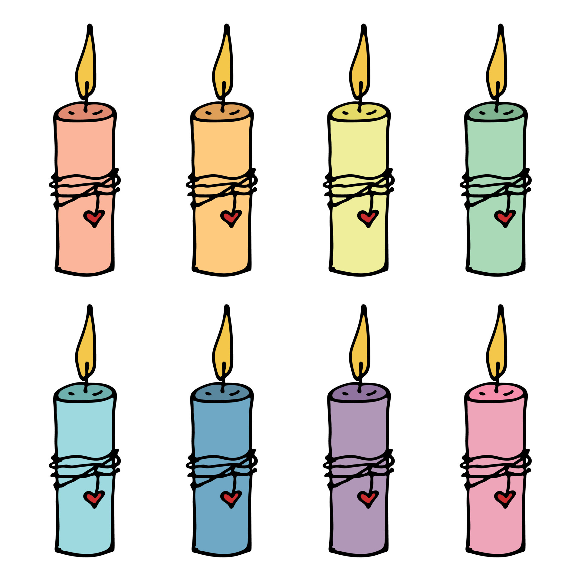 Burning birthday candle set. Single doodle illustration. Hand drawn