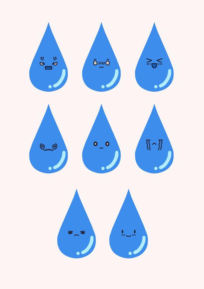 water character cartoon with various kinds of cute facial expressions vector