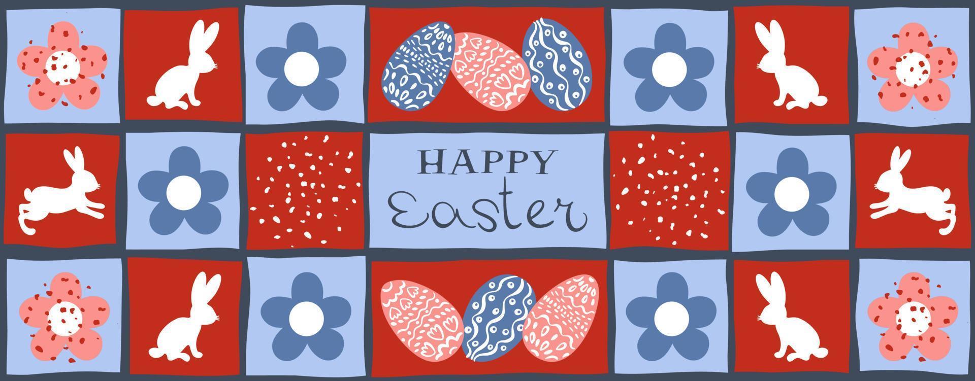 Happy Easter banner. Horizontal Easter design with typography, flowers, eggs and rabbits. Modern minimalistic style. vector