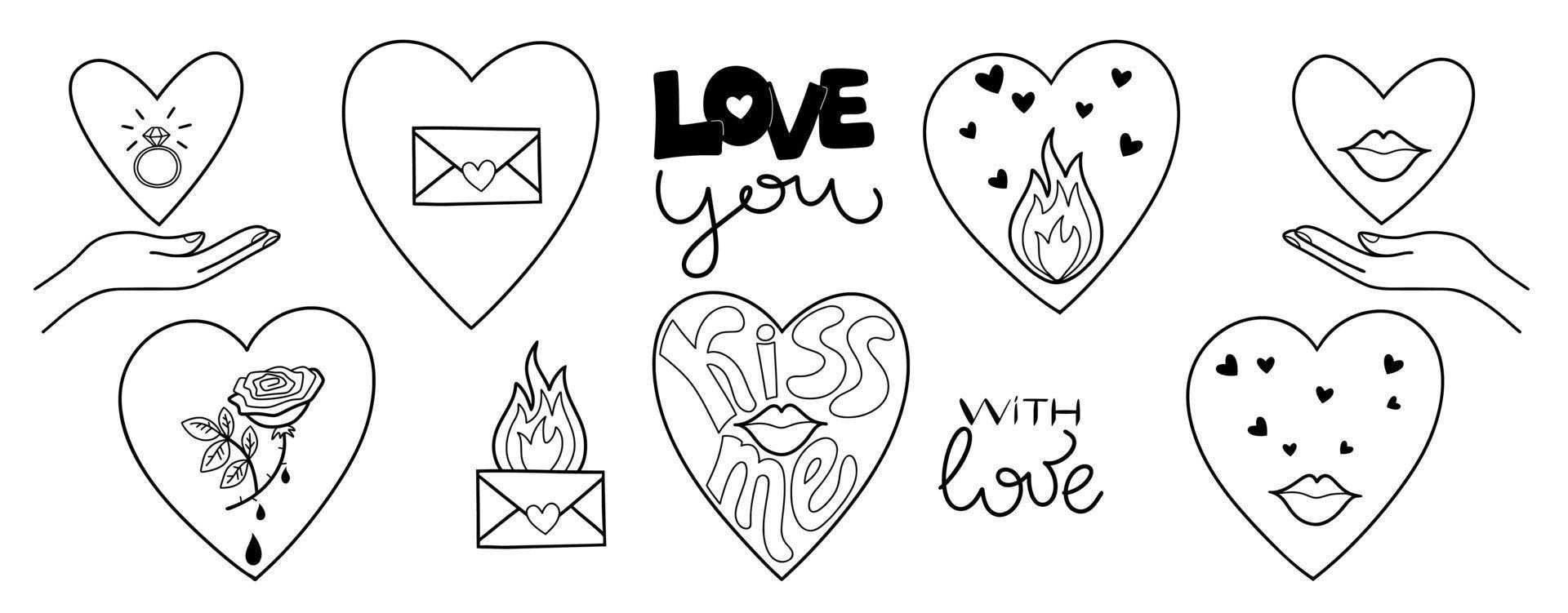 Outline doodle love theme set, romance, February 14, Valentine's Day. Design elements, white background.  Inscriptions. Vector. vector