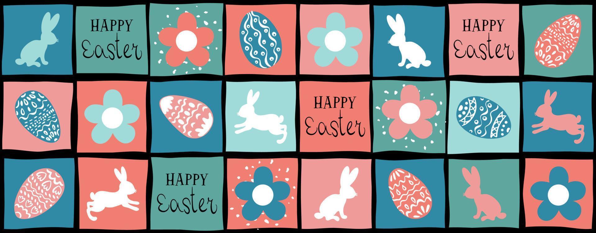 Happy Easter banner. Horizontal Easter design with typography, flowers, eggs and rabbits. Modern minimalistic style. vector