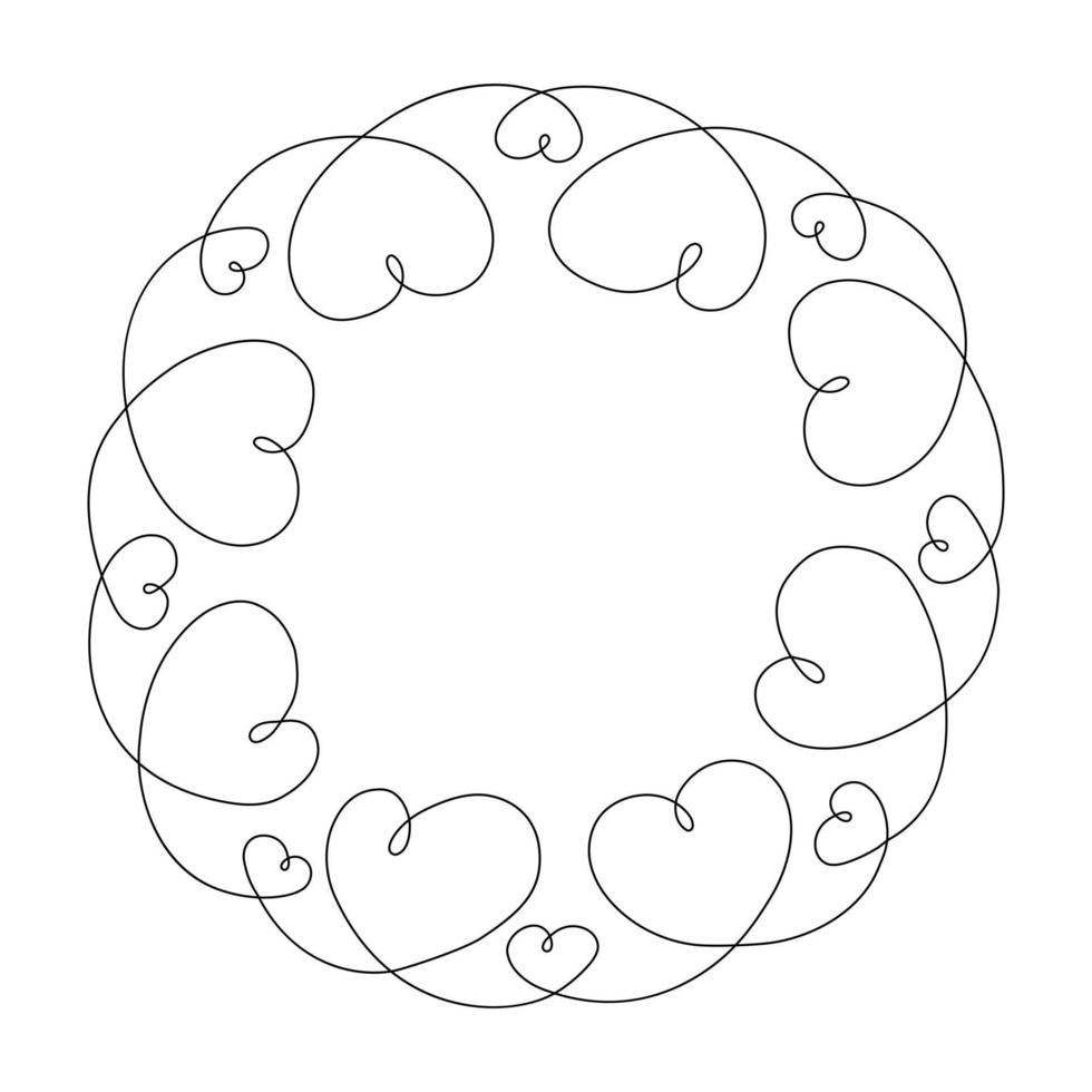 Abstract round frame made of hearts in one continuous line. Line art. Happy Valentines day Design vector