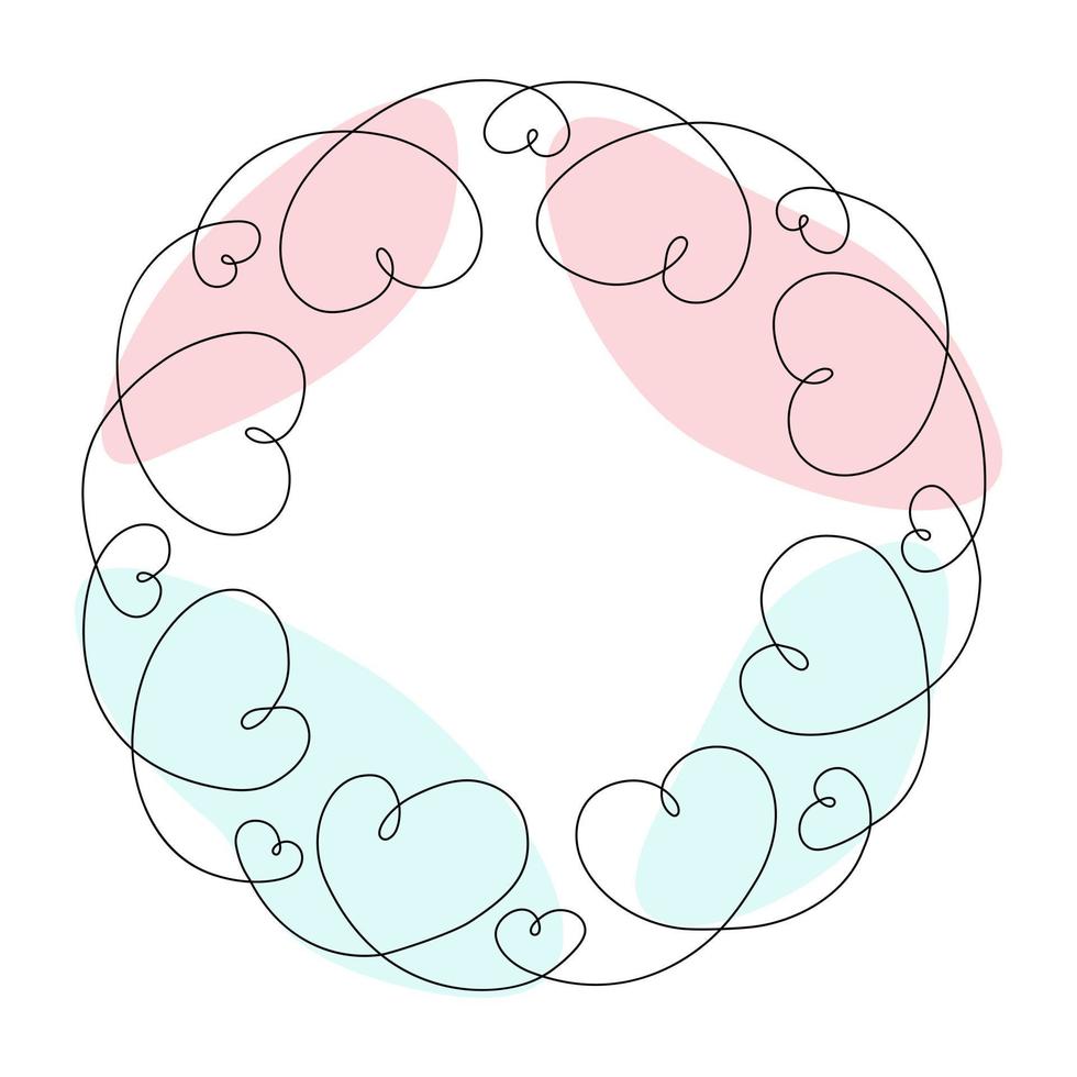 Abstract round frame made of hearts in one continuous line with Colorful spots in trendy pale hues vector