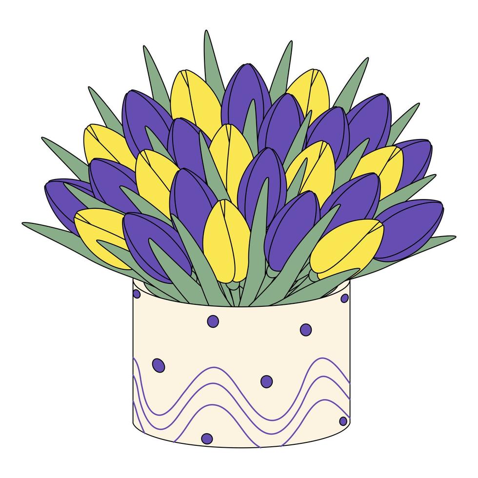 Great bouquet for the birthday of colorful tulips in circular box in cartoon style in trendy shades. vector