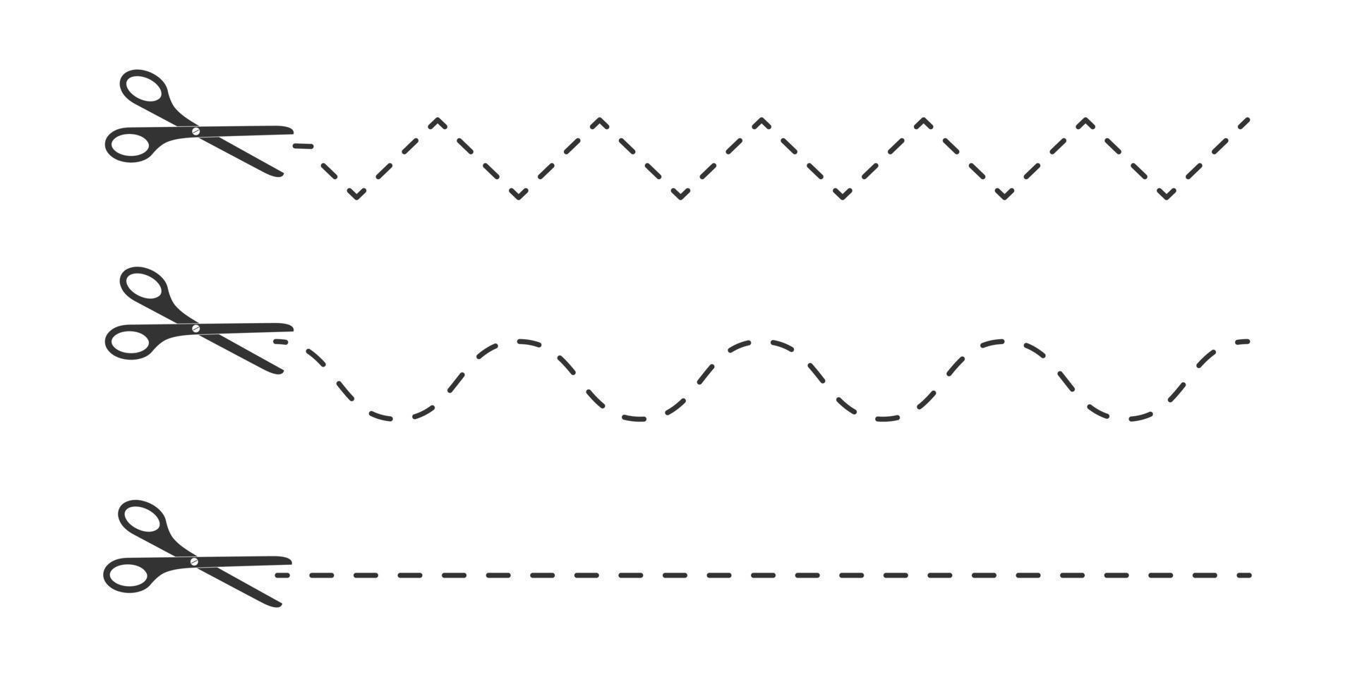 conjunto de iconos de tijeras con zigzag punteado, ondas y líneas rectas. corte aquí el pictograma para cupones, vales, etiquetas, páginas de papel vector