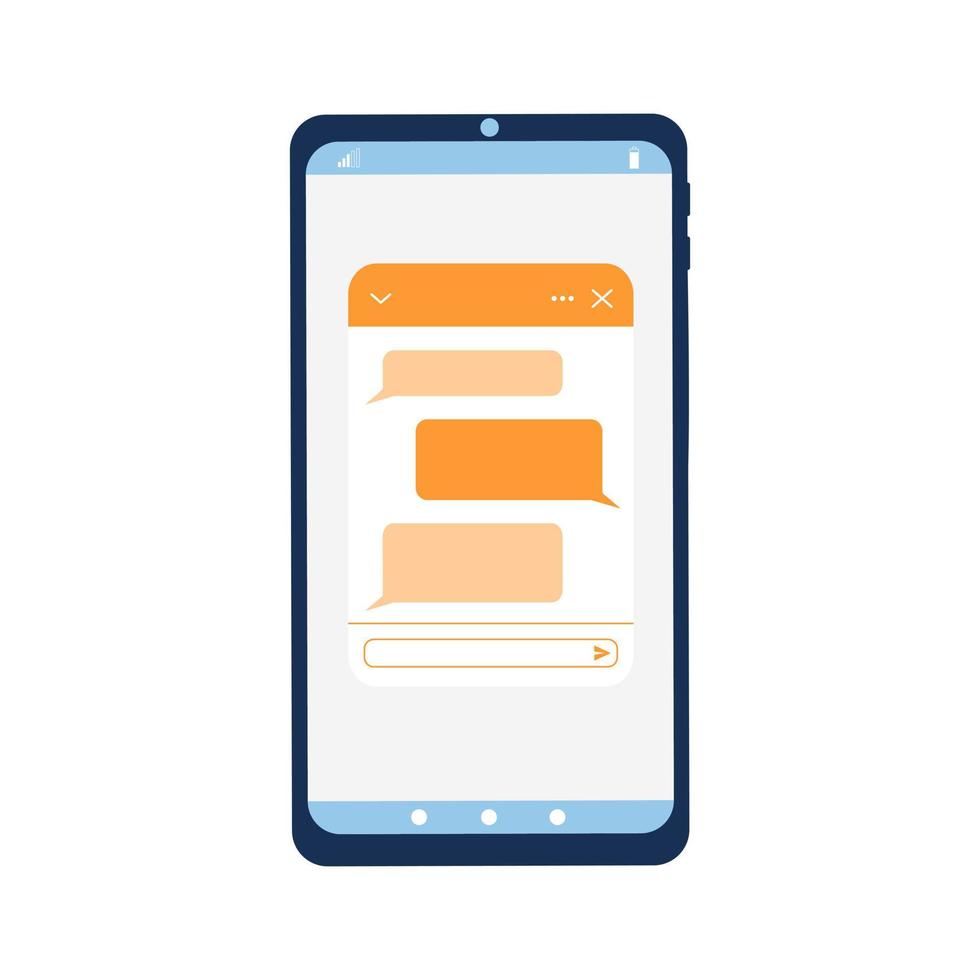 Smartphone interface whit pop up chat bot window. Lifechat form with message bubbles on phone screen. Virtual assistant, mobile messenger app, online customer support concept vector