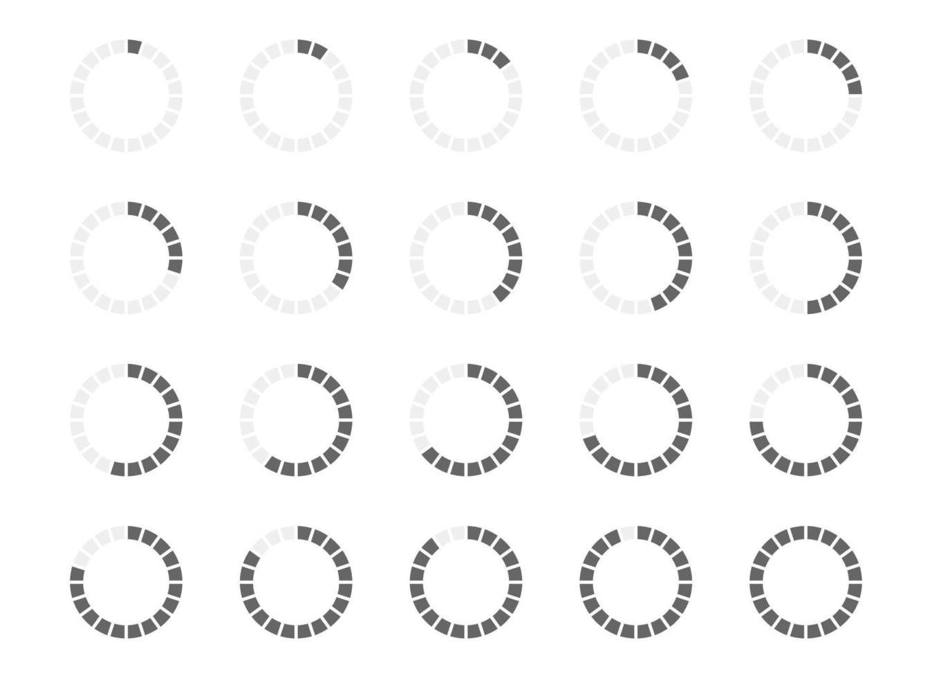 barra de carga redonda con relleno de 1 a 20 segmentos. conjunto de símbolos de progreso, espera o carga. elementos de animación infográficos para la interfaz del sitio web vector