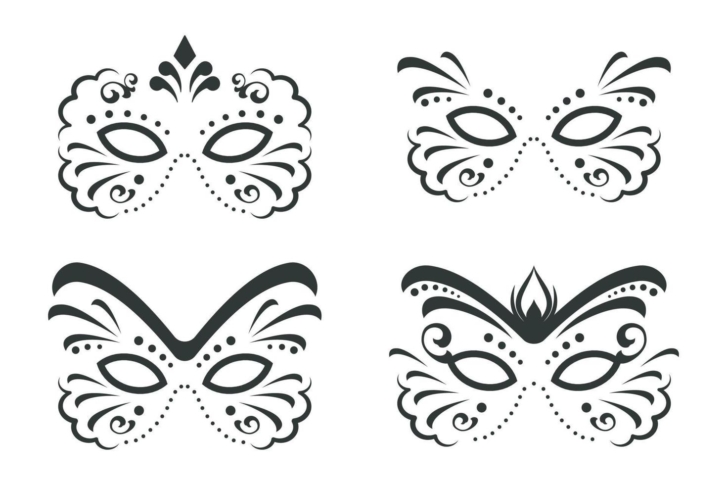 Set of Black carnival mask isolated on white background. Collection of Traditional Venetian masques. Symbol face hand drawn in linear style. Vector illustration for carnival holiday, Mardi Gras