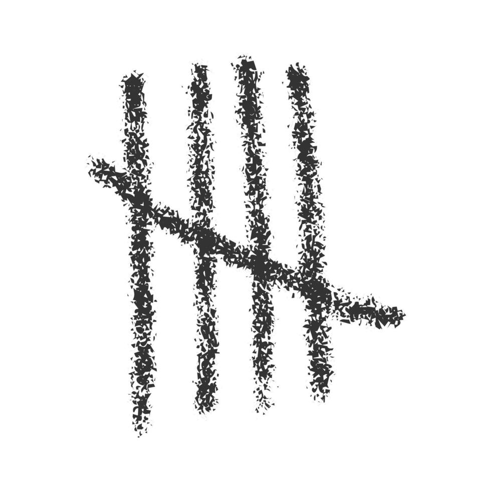 Charcoal tally mark sign isolated on white background. Four black sticks crossed out by slash line. Day counting symbol on jail wall. Unary numeral system icon vector