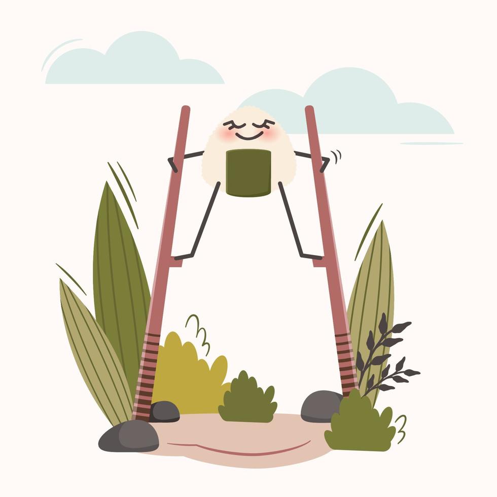 Japanese food onigiri. Asian dish. Cartoon character walking on chopsticks as stilts. Doodle drawn vector illustration for menu, poster, flyer, banner, cooking concept