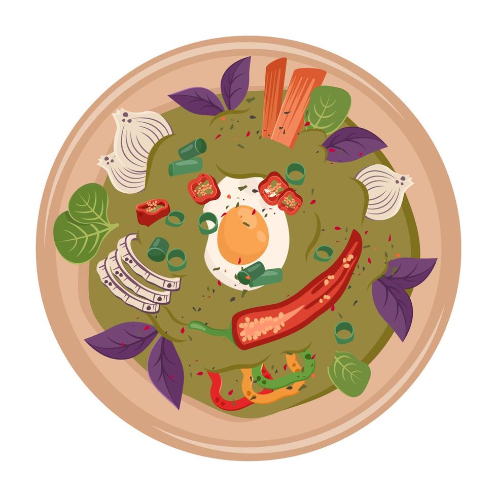 Asian food isolated. Ramen soup closeup. Oriental Spicy dish with egg, pepper chilli, onion, mushrooms. Vector flat illustration for restaurant dishes, menu, delivery, cooking concept