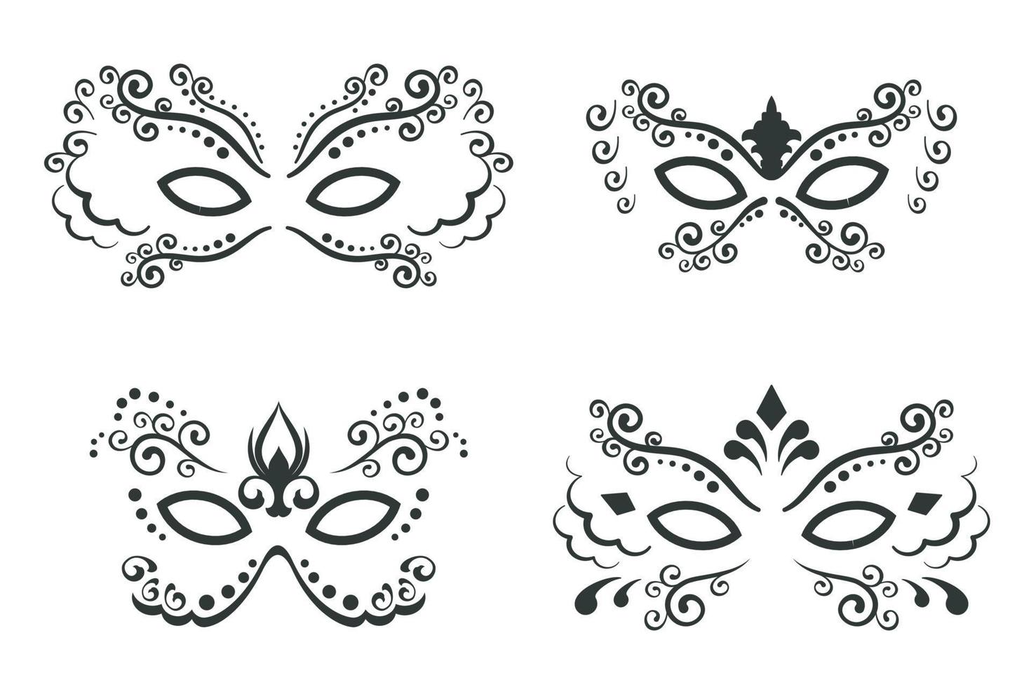 Set of Black carnival mask isolated on white background. Collection of Traditional Venetian masques. Symbol face hand drawn in linear style. Vector illustration for carnival holiday, Mardi Gras