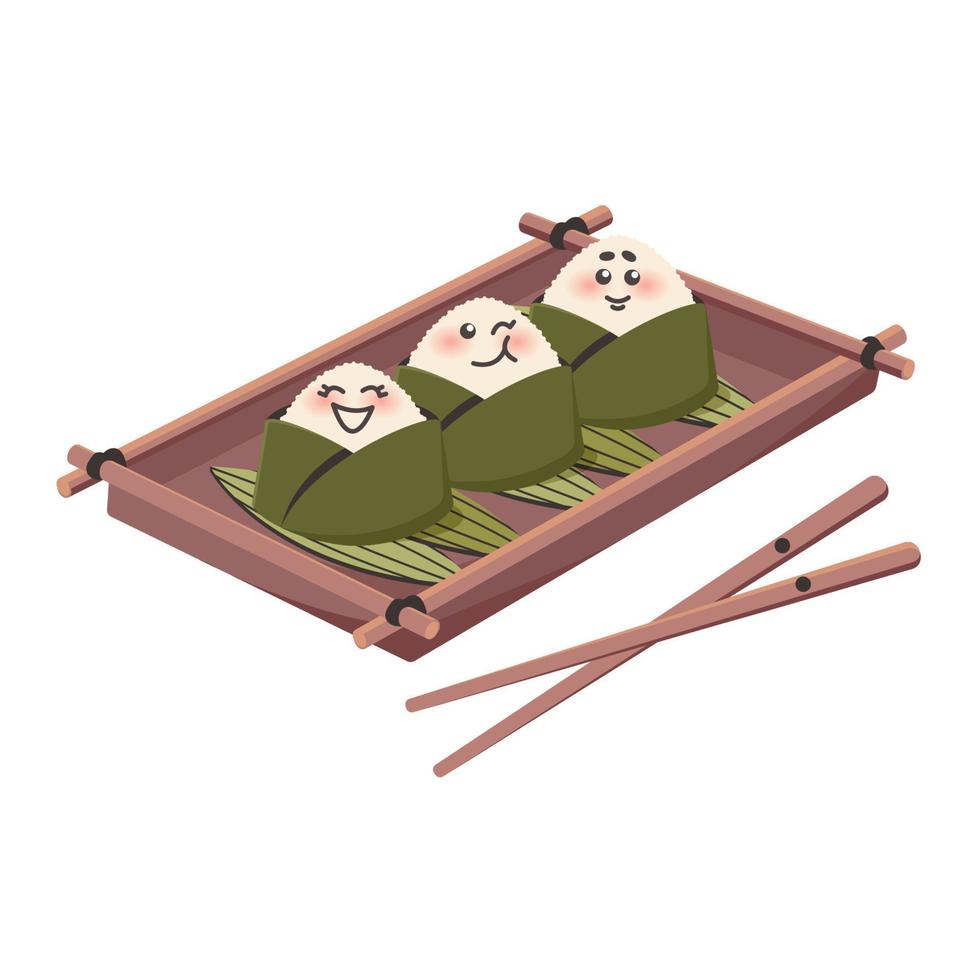 National Japanese dish. Cartoon happy onigiri. Asian food. Rice balls with nori, chopsticks. Doodle drawn vector illustration for menu, poster, flyer, banner, cooking concept