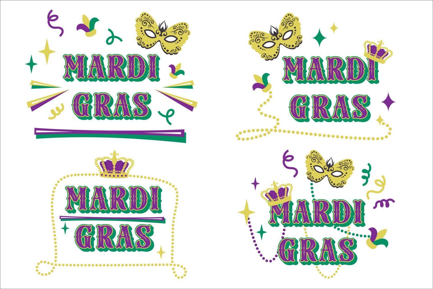 Set of Colorful Holiday template of Mardi Gras carnival. Traditional elements with mask, beads, confetti for party, invitation, festival, flyer, banner, card. Clipart. Vector flat illustration