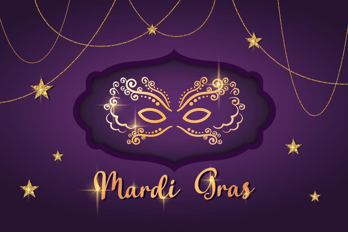 Mardi Gras mask. 3d masquerade Holiday banner with gold beads, confetti, stars, bright  lettering for carnival, traditional festive event. Vector realistic illustration for invitation, flyer, party