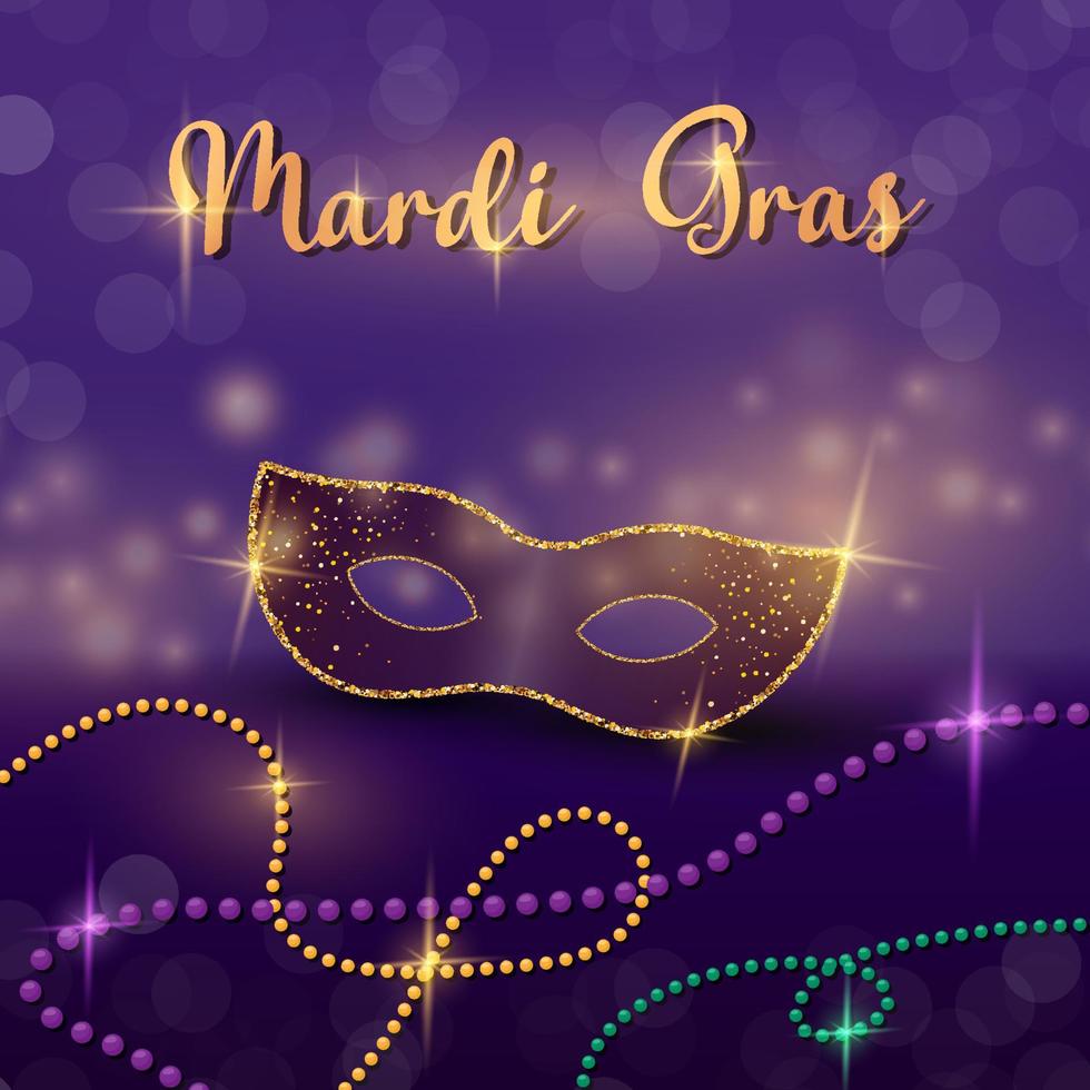 Mardi Gras violet background. Masquerade mask, beads, confetti, gold lettering. Holiday banner for carnival, masquerade ball. Vector illustration for invitation, flyer, party in realistic style