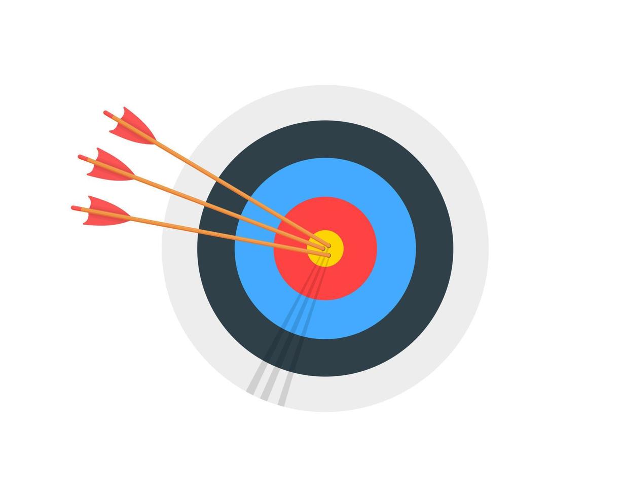 Archery target ring with three arrows hitting bullseye. Round shaped dartboard front view. Goal achieving concept. Business success strategy symbol vector