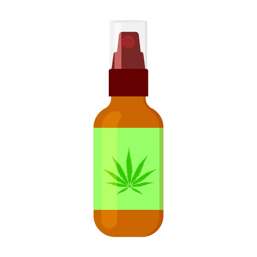 Hemp oil spray in bottle with cannabis leaf on label. CBD product for muscle pain and anxiety relief. Cannabidiol for healthcare vector