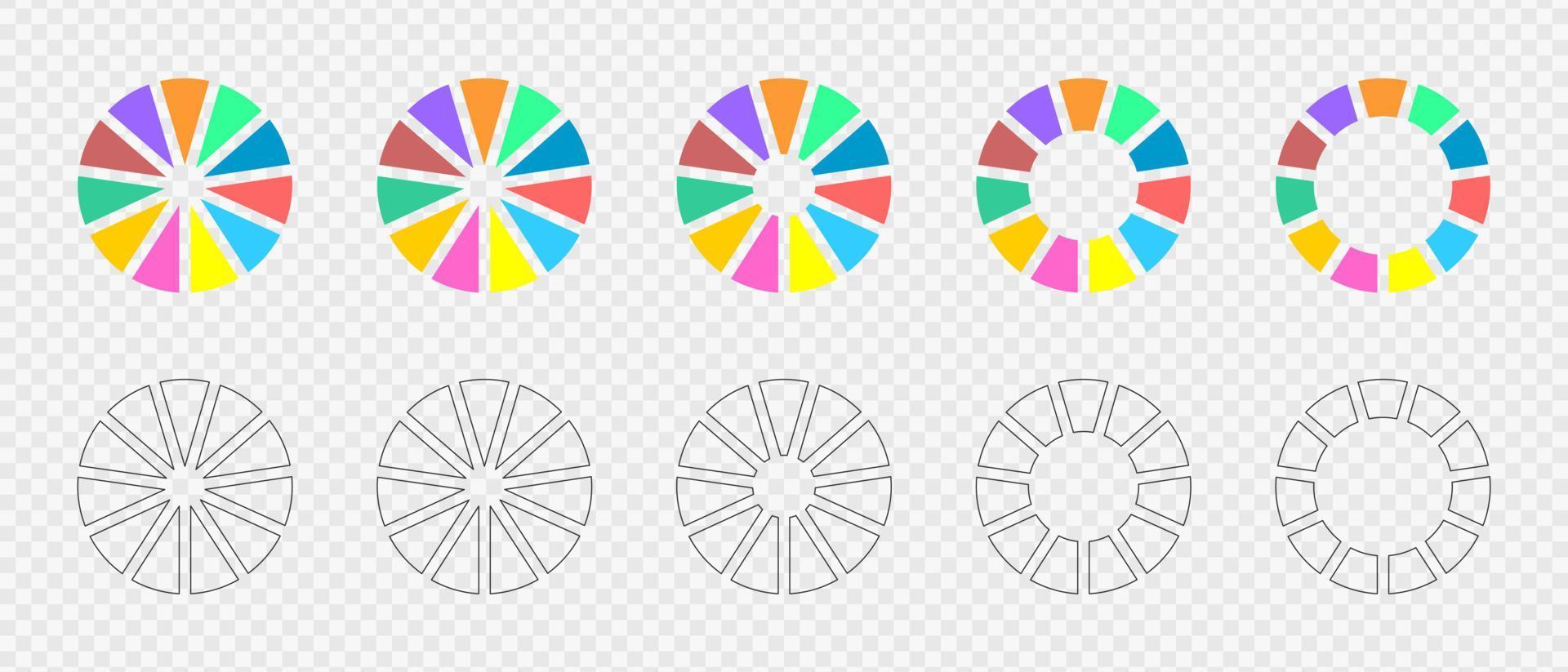 Donut charts set. Infographic wheels divided in 11 multicolored and graphic sections. Circle diagrams or loading bars. Round shapes cut in eleven equal parts. Vector flat and outline illustration