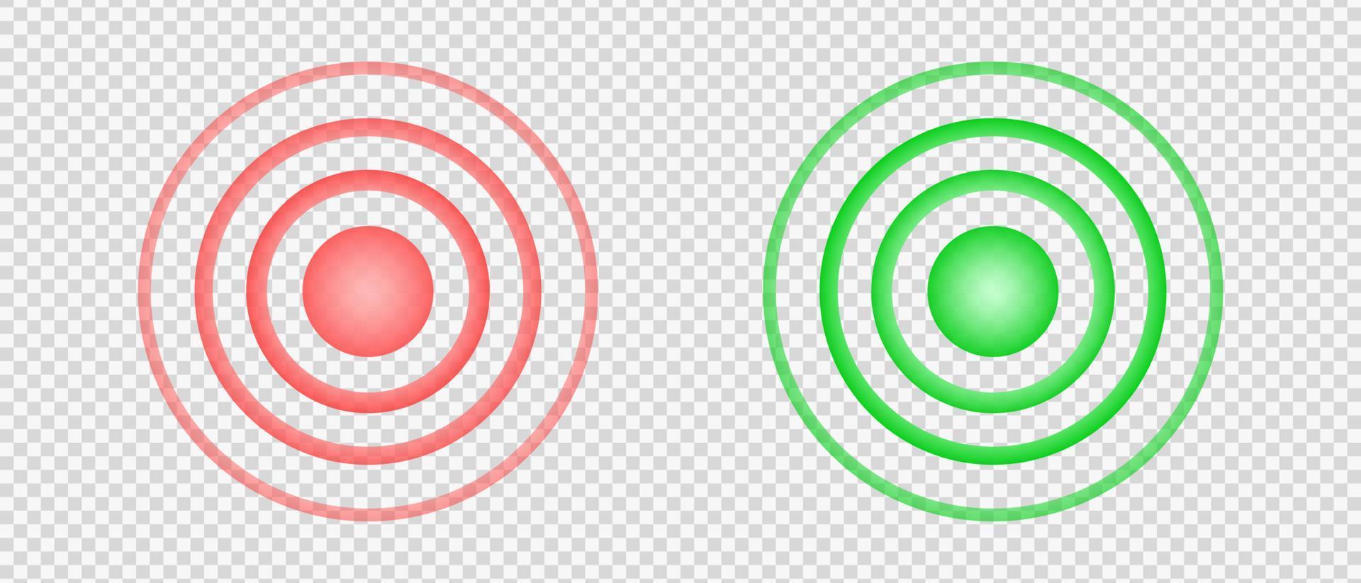 señales concéntricas rojas y verdes. puntos de dolor y curación. símbolos heridos y analgésicos. iconos de localización redondos. onda de radar, sonido o sonar vector