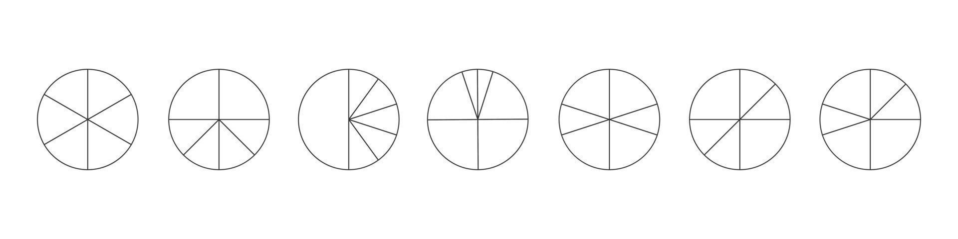delinear círculos separados en 6 segmentos aislados sobre fondo blanco. formas redondas de pastel o pizza cortadas en diferentes seis rebanadas. ejemplos simples de infografia estadistica vector