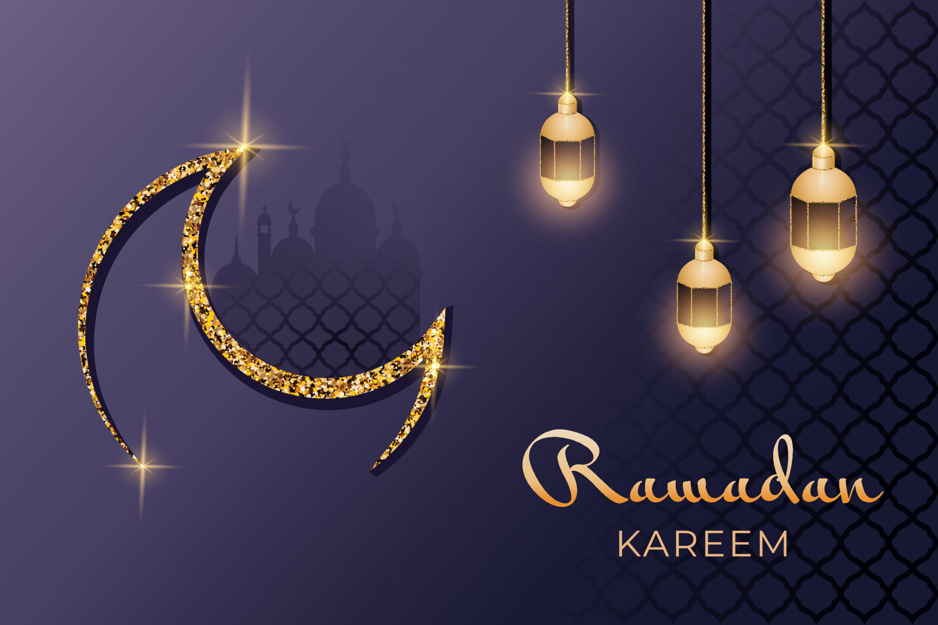 Islamic Mosque Silhouette With Gold Moon Lantern Pattern Realistic islamic-mosque-silhouette-with-gold-moon-lantern-pattern-realistic