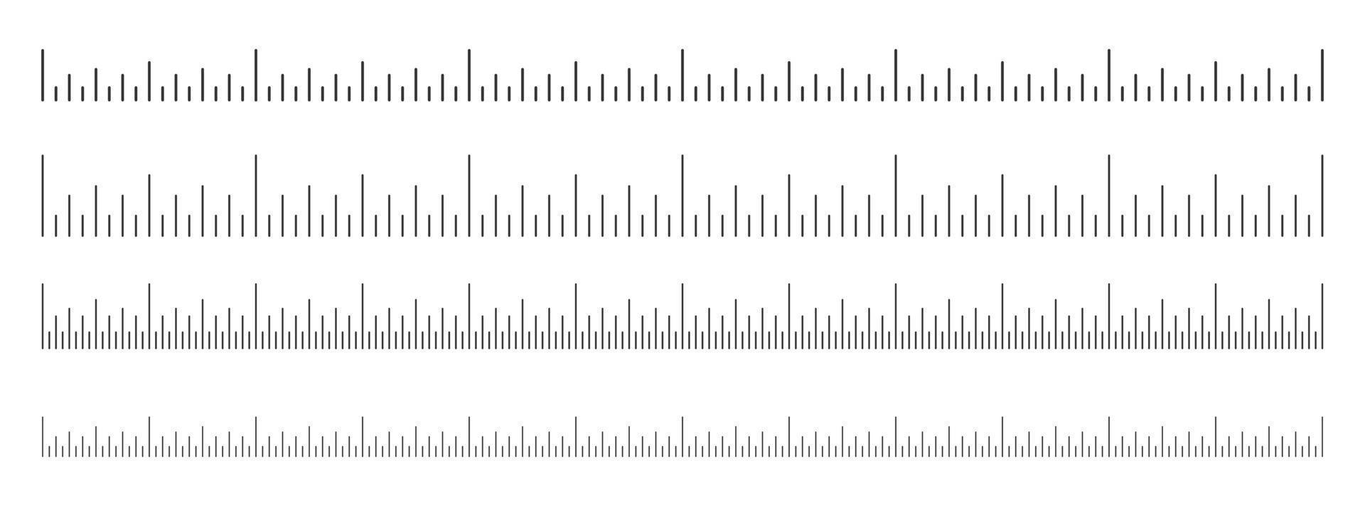 escala del conjunto de reglas. tabla de medidas horizontales con marcado en pulgadas. medición de distancia, altura o longitud herramienta matemática o de costura vector